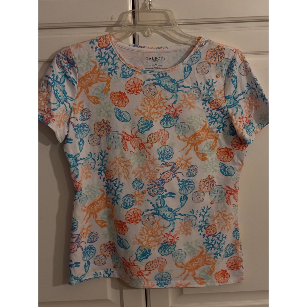 Talbots Petite Womens SP Nautical Crab Coral Shell Print T-Shirt White Cotton